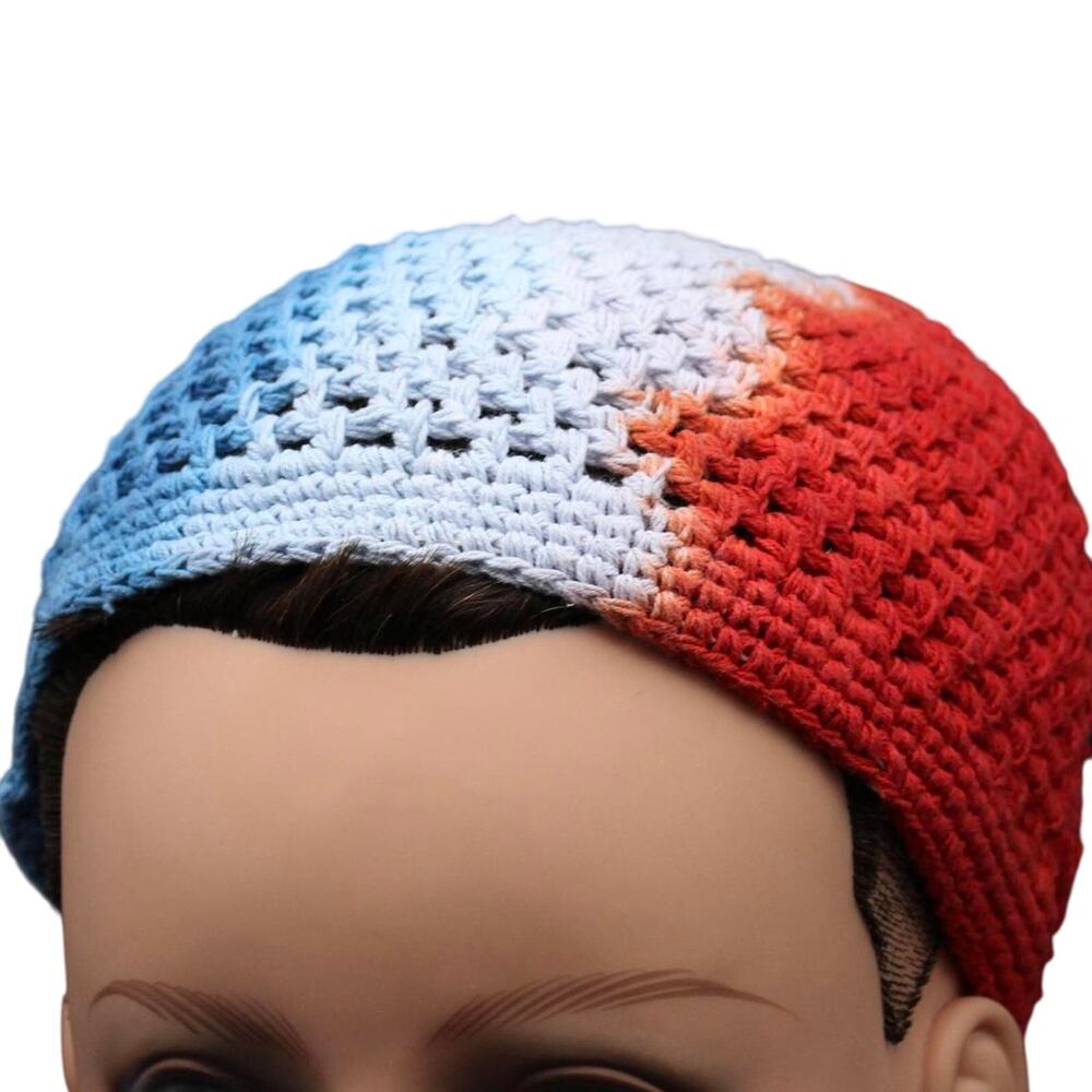 Unisex Woven Hat One Size Handmade Tie Dye Kufi Prayer Red White and Blue NEW